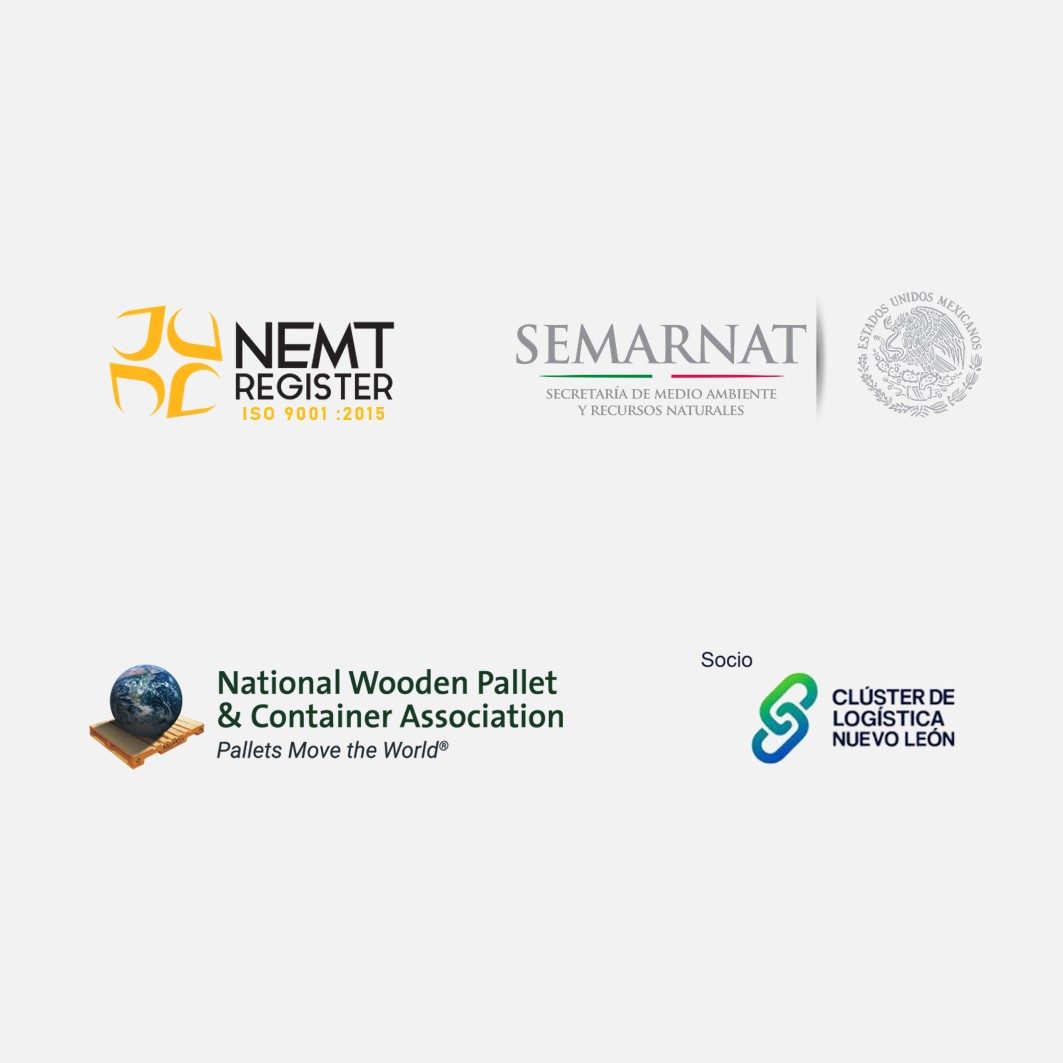 Credenciales Prommont Logotipos de NEMT, SEMARNAT, y National Wooden Pallet & Container Association y Clúster Logísitico N.L.