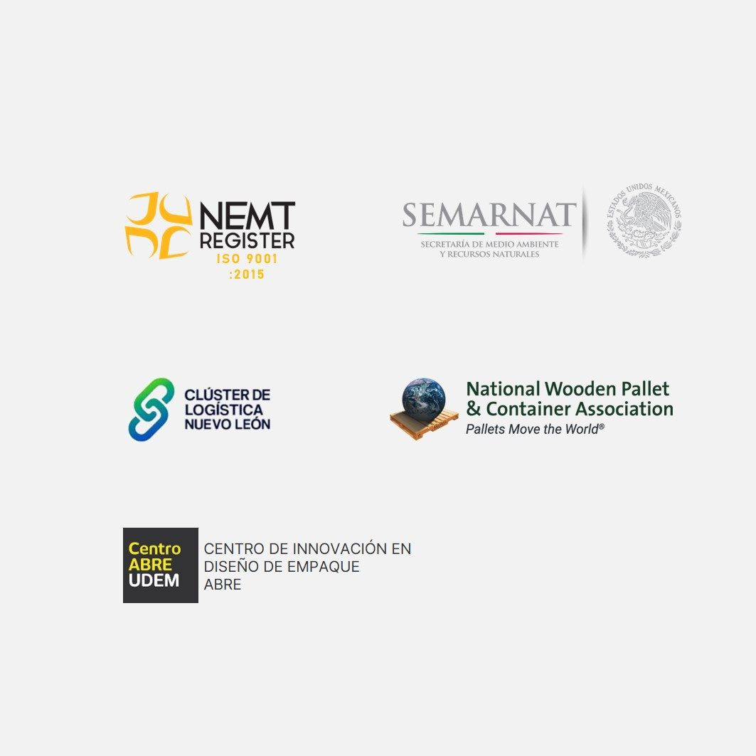 Credenciales Prommont Logotipos de NEMT, SEMARNAT, y National Wooden Pallet & Container Association, Centro ABRE-UDEM, Clúster Logístico N.L.